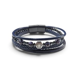 Leather And Stainless Steel Bracelet With Beads and Symbol, Blue