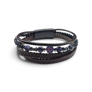 Leather And Stainless Steel Bracelet With Beads and Symbol, Brown