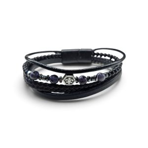 Leather And Stainless Steel Bracelet With Beads and Symbol, Black
