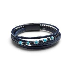 Leather And Stainless Steel Bracelet With Beads, Black S.