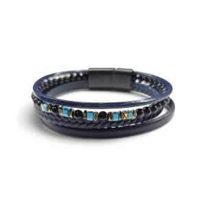 Leather And Stainless Steel Bracelet With Beads, Black G.