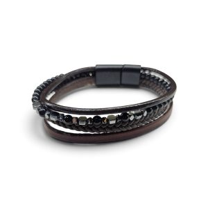 Leather And Stainless Steel Bracelet With Beads, Brown
