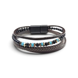 Leather And Stainless Steel Bracelet With Beads, Brown G.