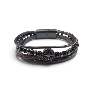 Leather And Stainless Steel Bracelet With Beads, Brown Compass