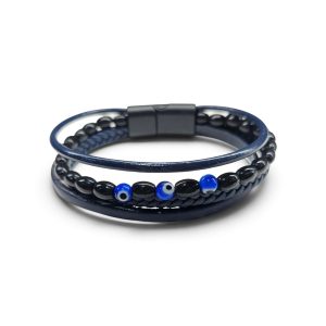 Leather And Stainless Steel Bracelet With Beads and Eye, Blue