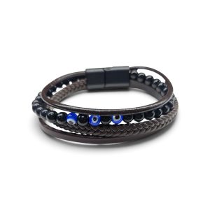 Leather And Stainless Steel Bracelet With Beads and Eye, Brown