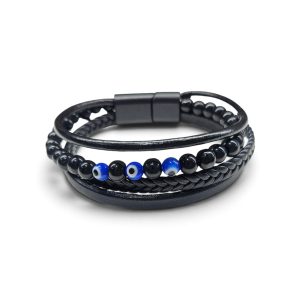 Leather And Stainless Steel Bracelet With Beads and Eye, Black