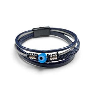 Leather And Stainless Steel Bracelet With Beads and Eye, Blue