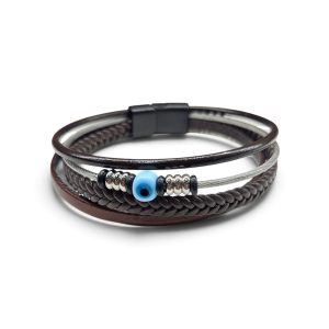 Leather And Stainless Steel Bracelet With Beads and Eye, Brown W.