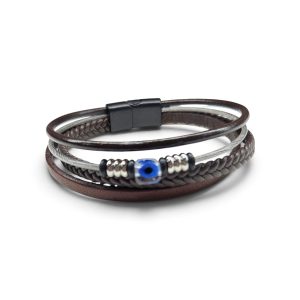 Leather And Stainless Steel Bracelet With Beads and Eye, Brown T.