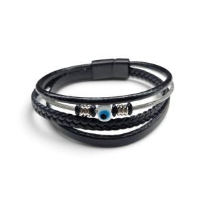 Leather And Stainless Steel Bracelet With Beads and Eye, Black