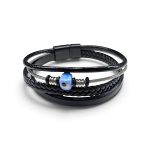 Leather And Stainless Steel Bracelet With Beads and Eye, Black B.