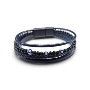Leather And Stainless Steel Bracelet With Beads and Eye, Blue