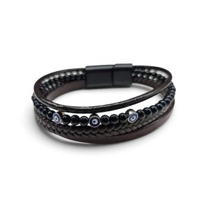 Leather And Stainless Steel Bracelet With Beads and Eye, Brown