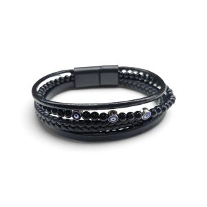 Leather And Stainless Steel Bracelet With Beads and Eye, Black