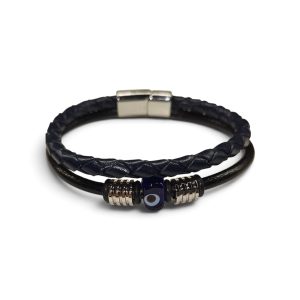 Leather And Stainless Steel Bracelet With Beads and Eye, Blue