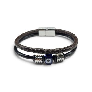 Leather And Stainless Steel Bracelet With Beads and Eye, Brown