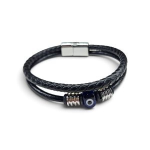 Leather And Stainless Steel Bracelet With Beads and Eye, Black