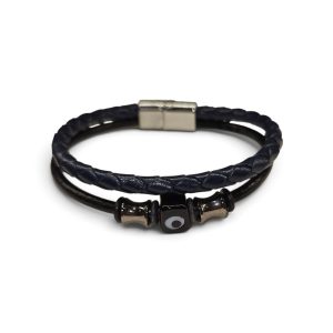 Leather And Stainless Steel Bracelet With Beads and Eye, Black S.