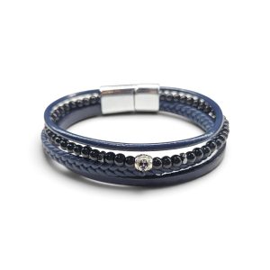 Leather And Stainless Steel Bracelet With Bead, Blue S.