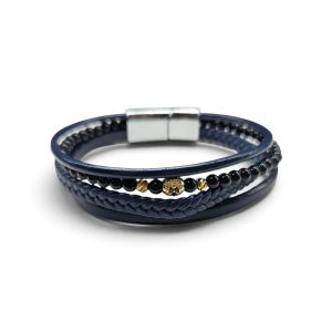Leather And Stainless Steel Bracelet With Beads, Blue G.