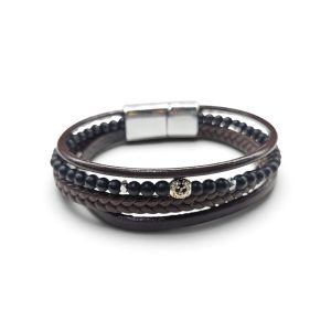 Leather And Stainless Steel Bracelet With Beads, Brown S.