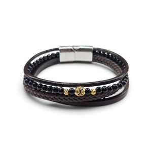 Leather And Stainless Steel Bracelet With Beads, Brown G.