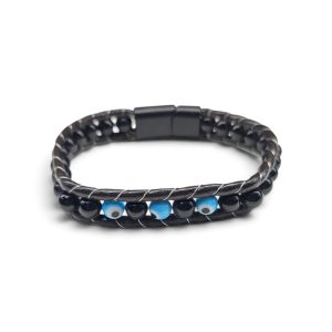 Leather And Stainless Steel Bracelet With Beads and Eye, Black Turquoise