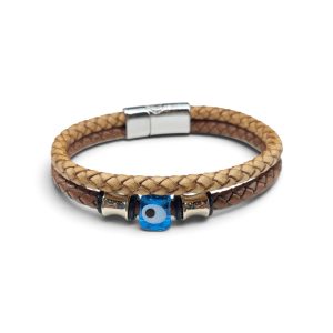 Leather And Stainless Steel Bracelet With Beads and Eye, Brown T.