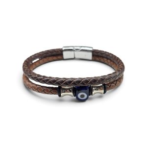 Leather And Stainless Steel Bracelet With Beads and Eye, Brown S.