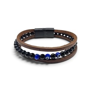 Leather And Stainless Steel Bracelet With Beads and Eye, Brown