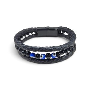 Leather And Stainless Steel Bracelet With Beads and Eye, Blue