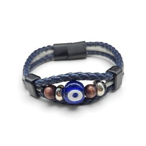 Leather And Stainless Steel Bracelet With Beads and Eye, Blue