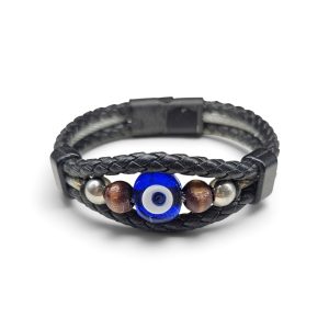 Leather And Stainless Steel Bracelet With Beads and Eye, Black