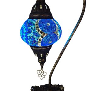 Mosaic Table Lamp with high base , vintage, medium globe, Ocean Blue