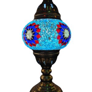 Mosaic Table Lamp with normal base, vintage, medium size globe, Turquoise-Blue Flowers